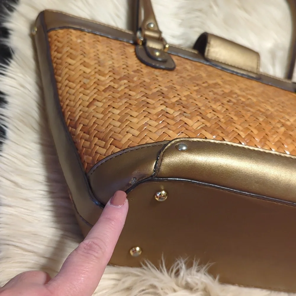 Etienne Aigner 100% Rattan with Bronze Trim Tote Bag 15” x 9” - Picture 9 of 12